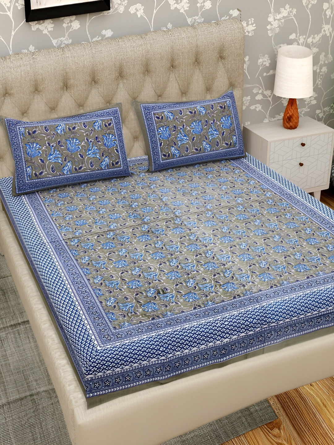 Wayne Martin Pastel Jaal Green Floral Cotton 330 TC King Fine Bedsheet with 2 Pillow Covers-91 x 108 inches