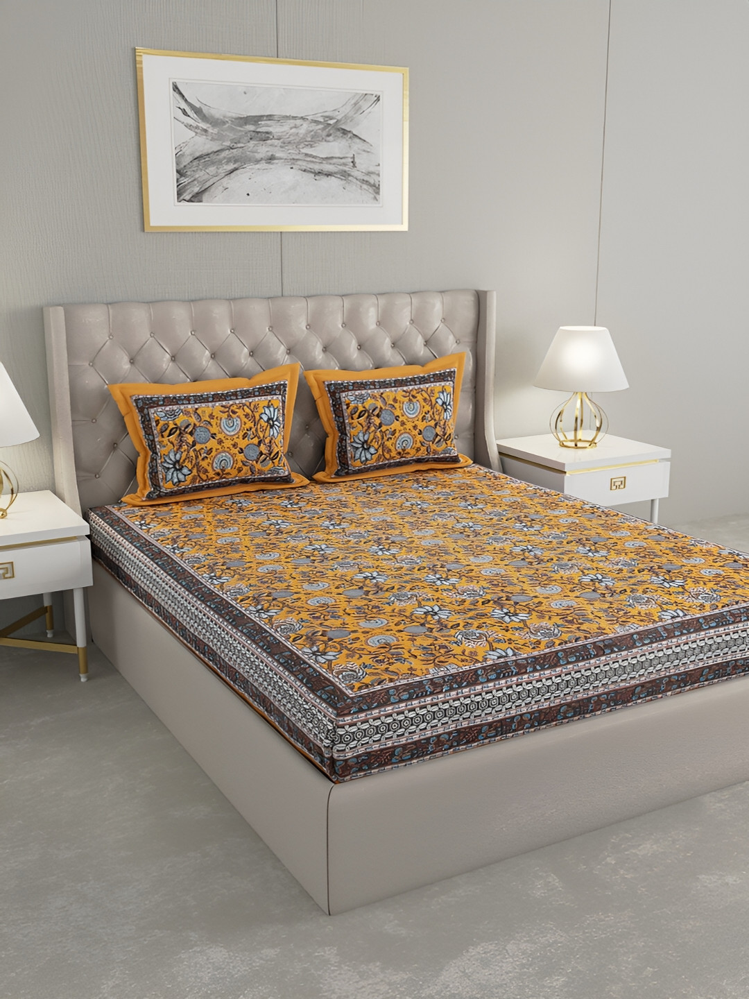 Wayne Martin Yellow Floral Cotton 330 TC King Fine Bedsheet with 2 Pillow Covers-108 x 91 inches