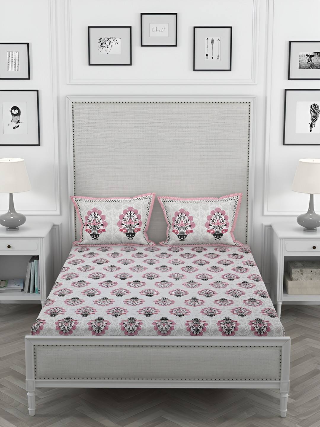 Wayne Martin White Floral Cotton 330 TC Double Fine Bedsheet with 2 Pillow Covers-106 x 108 inches