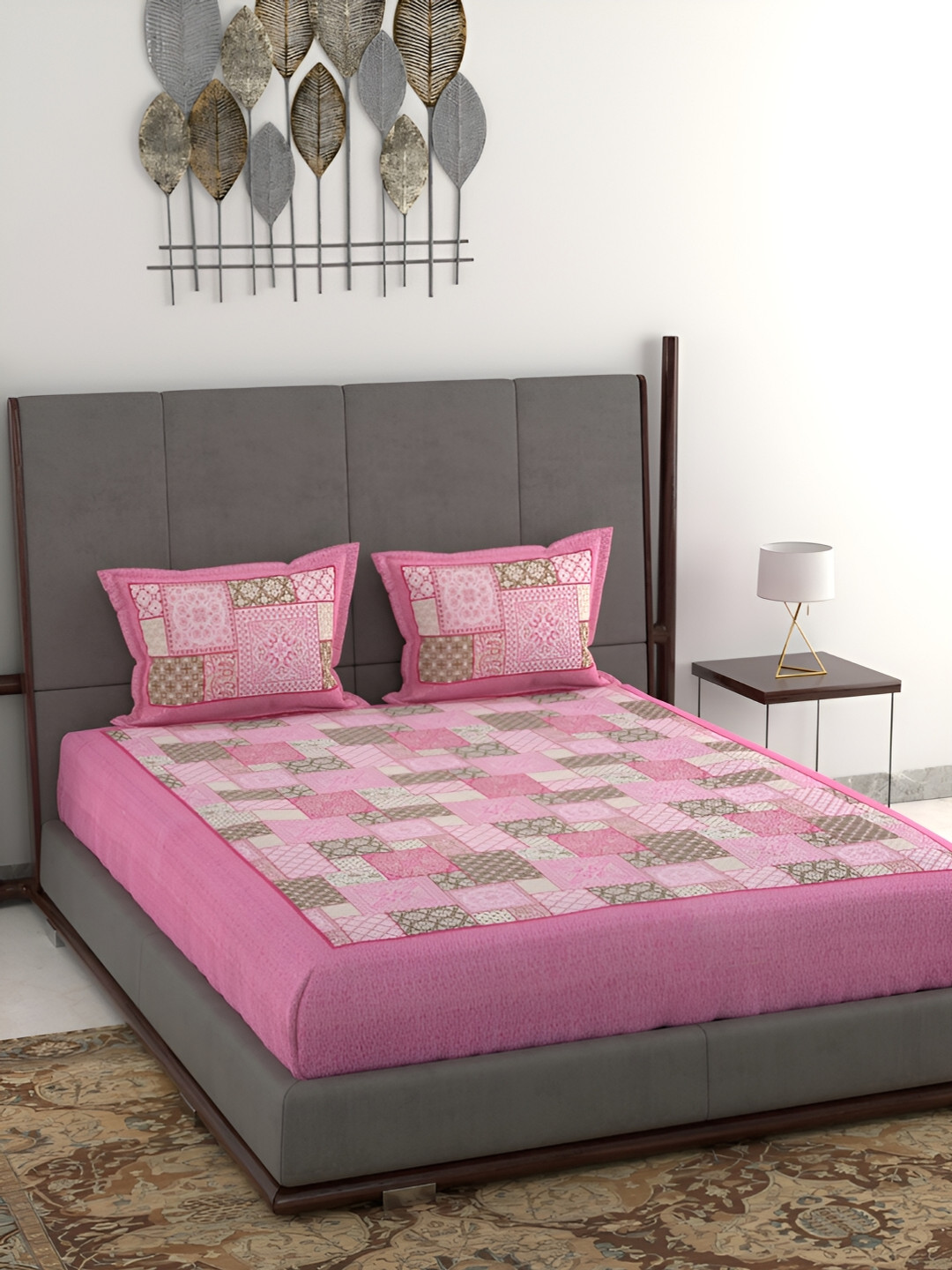 Wayne Martin Pink Floral Cotton 380 TC King Fine Bedsheet with 2 Pillow Covers-275 x 235 cm