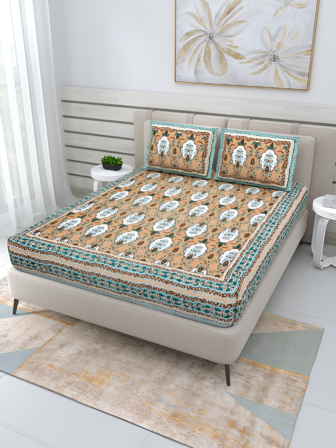 Wayne Martin Lime Green Floral Cotton 210 TC Fitted Queen Fine Bedsheet with 2 Pillow Covers-87 x 93 inches