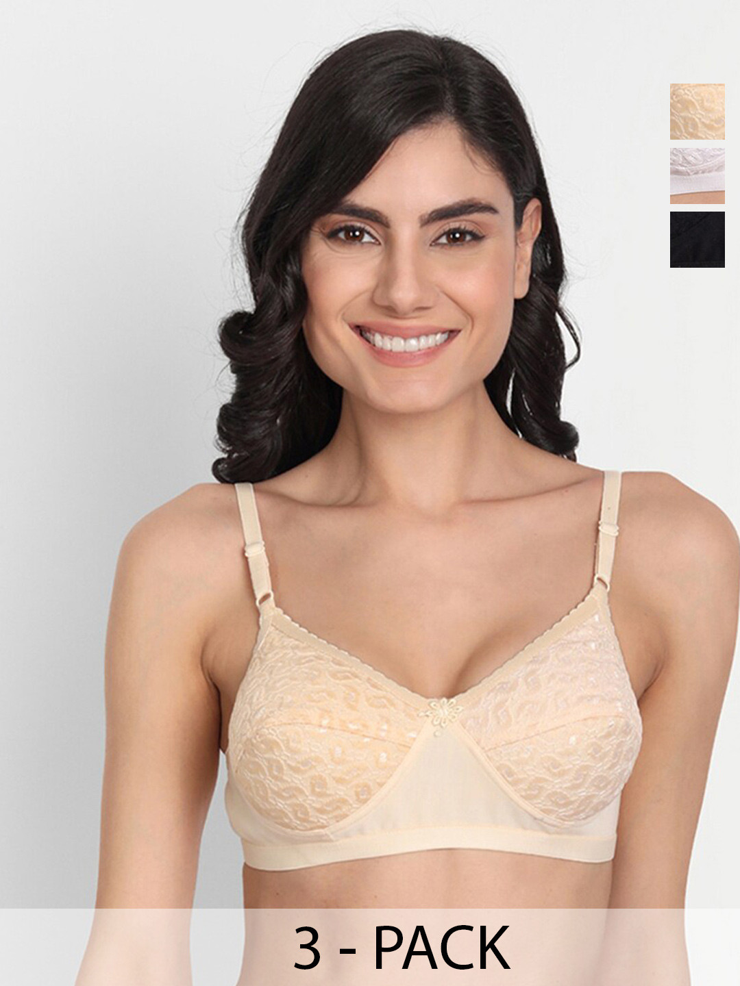 T.T. Pack Of 3 Breathable T-Shirt Bra Full Coverage Lightly Padded With Transparent Strap