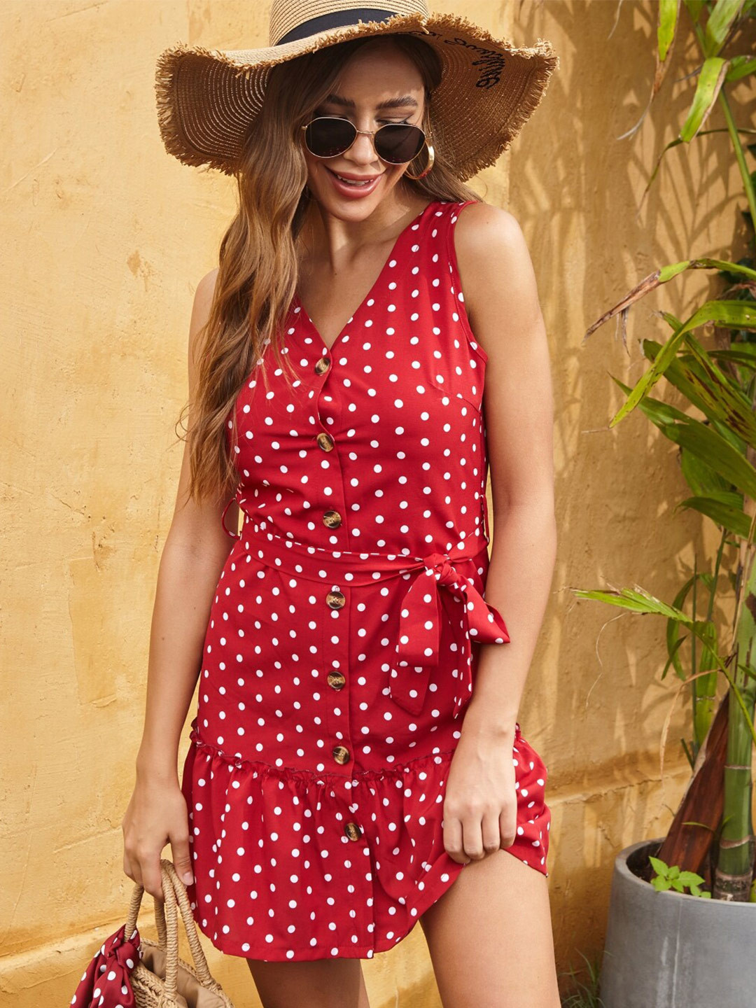 StyleCast Red Polka Dot Printed Tiered A-Line Dress