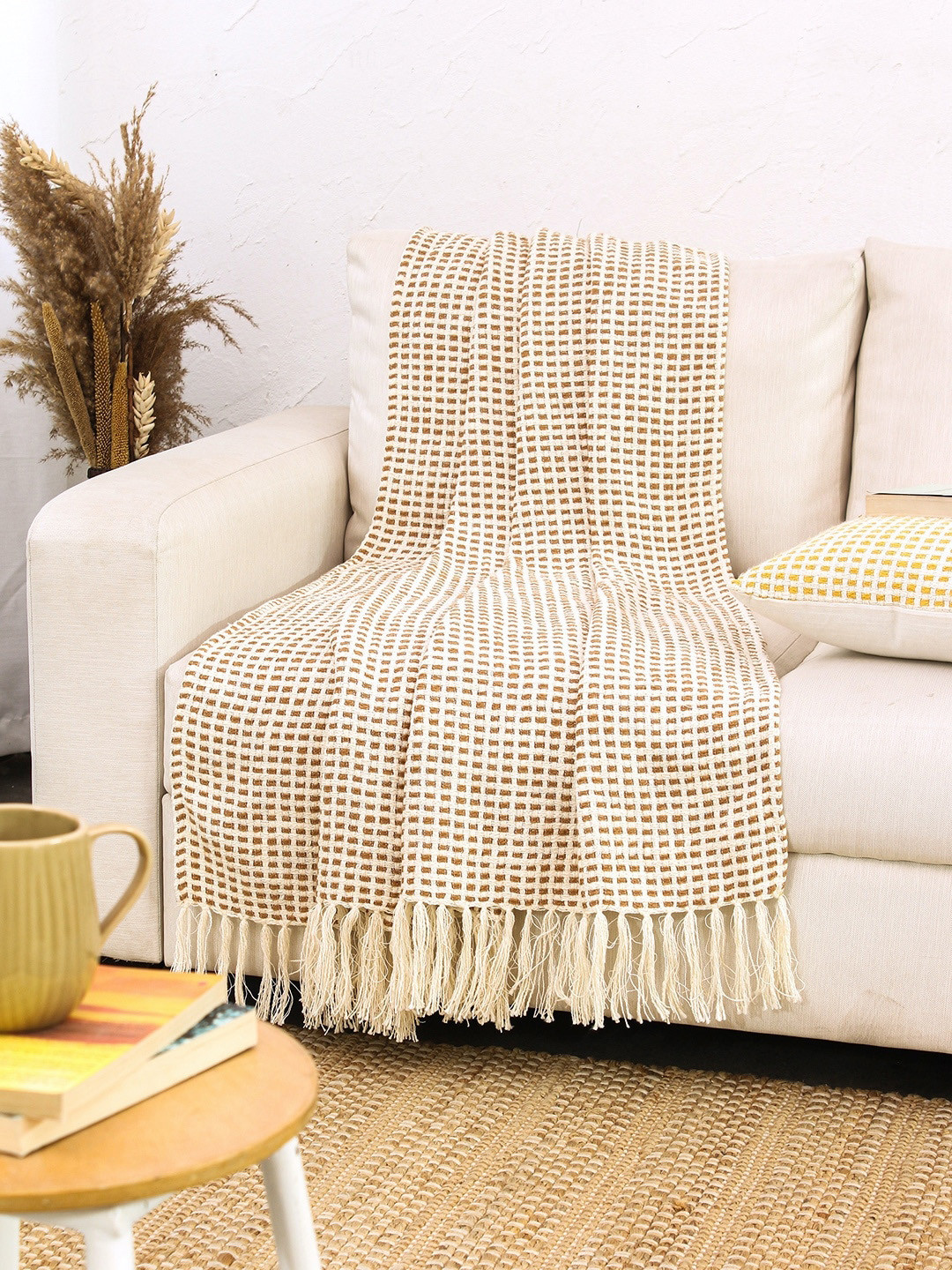 House This Beige Self Design Cotton Throws