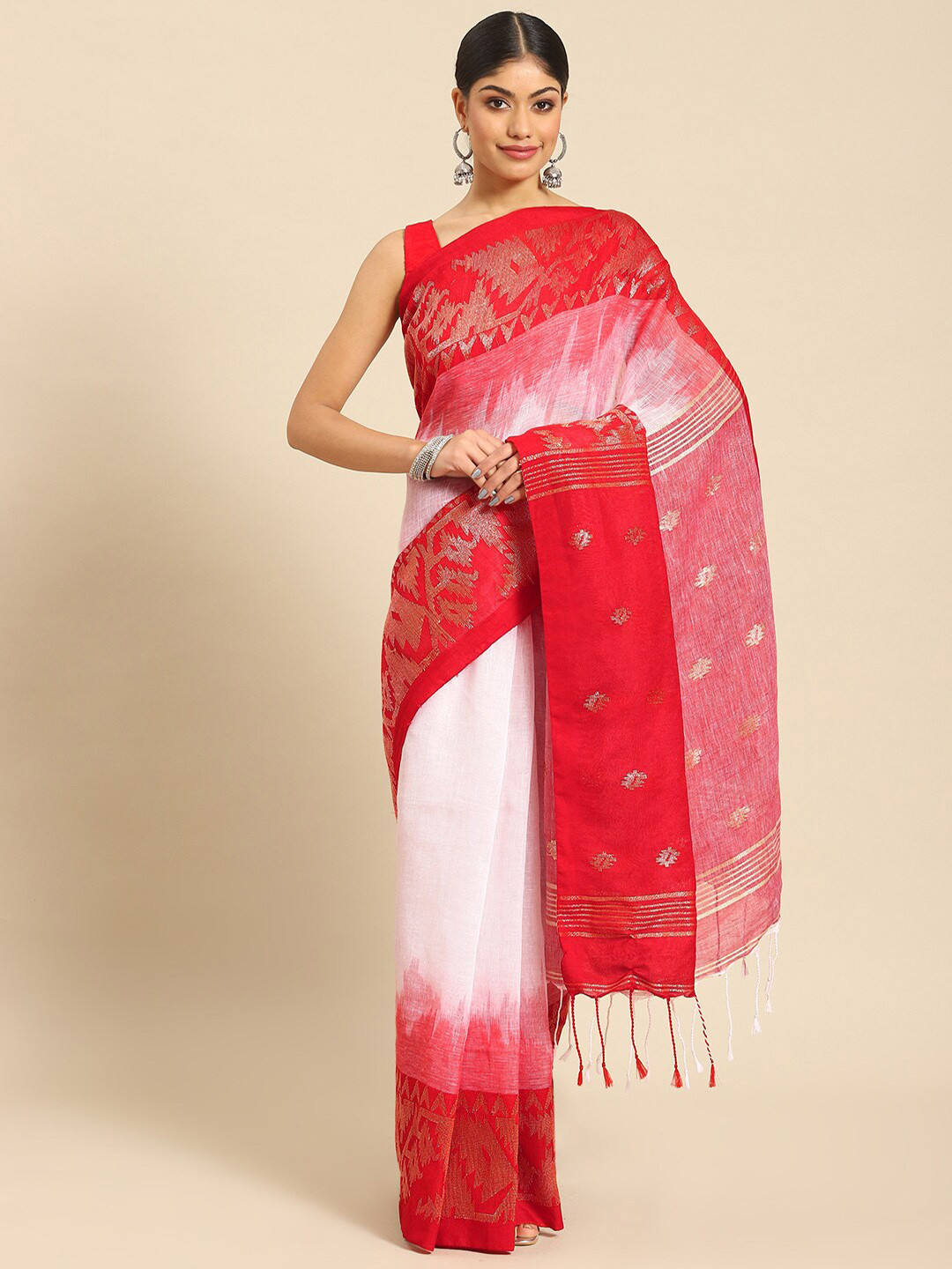 ADITRI Handloom Ethnic Motifs Woven Design Zari Pure Linen Saree
