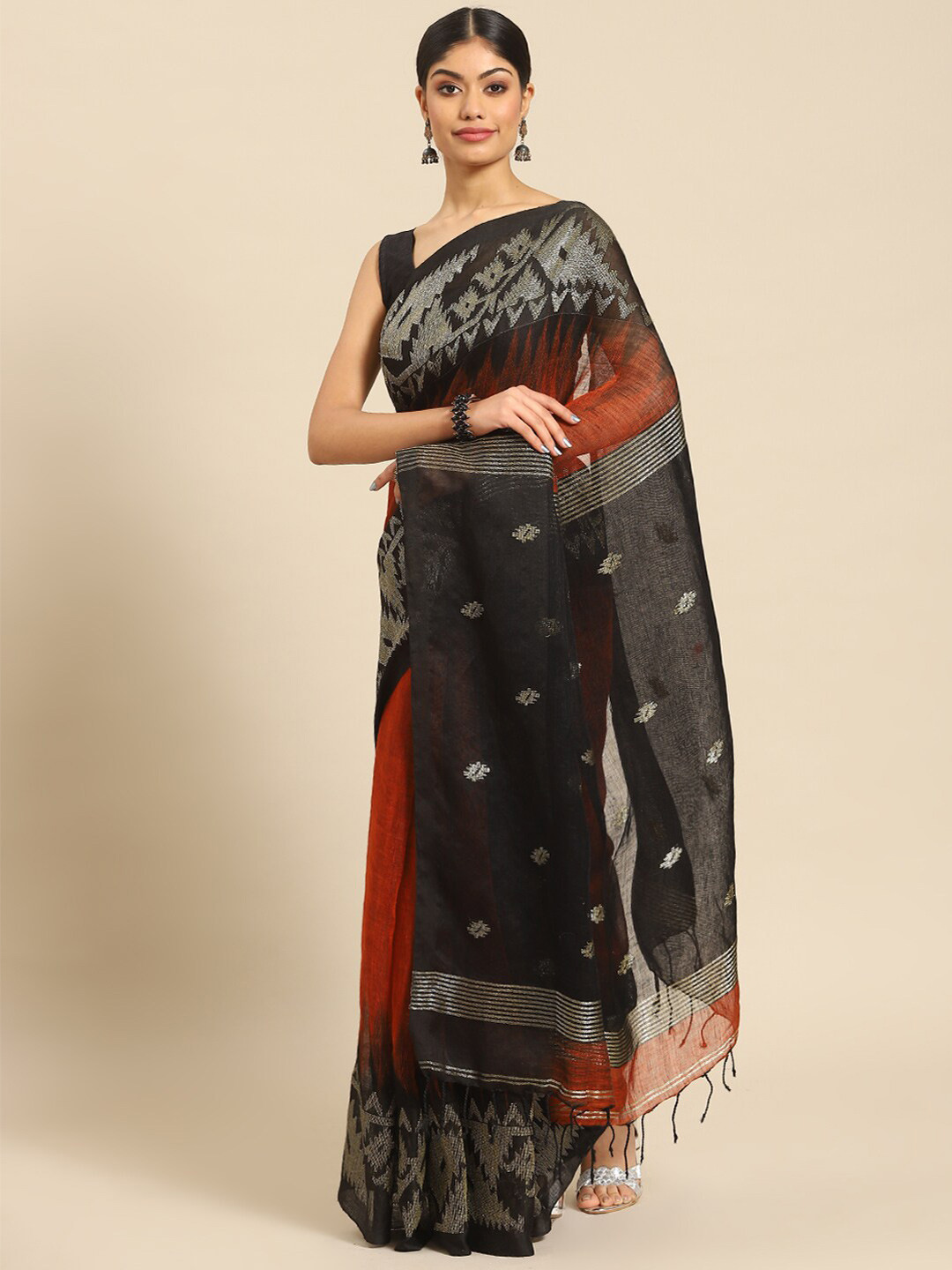 ADITRI Handloom Ethnic Motifs Printed Pure Linen Jamdani Saree