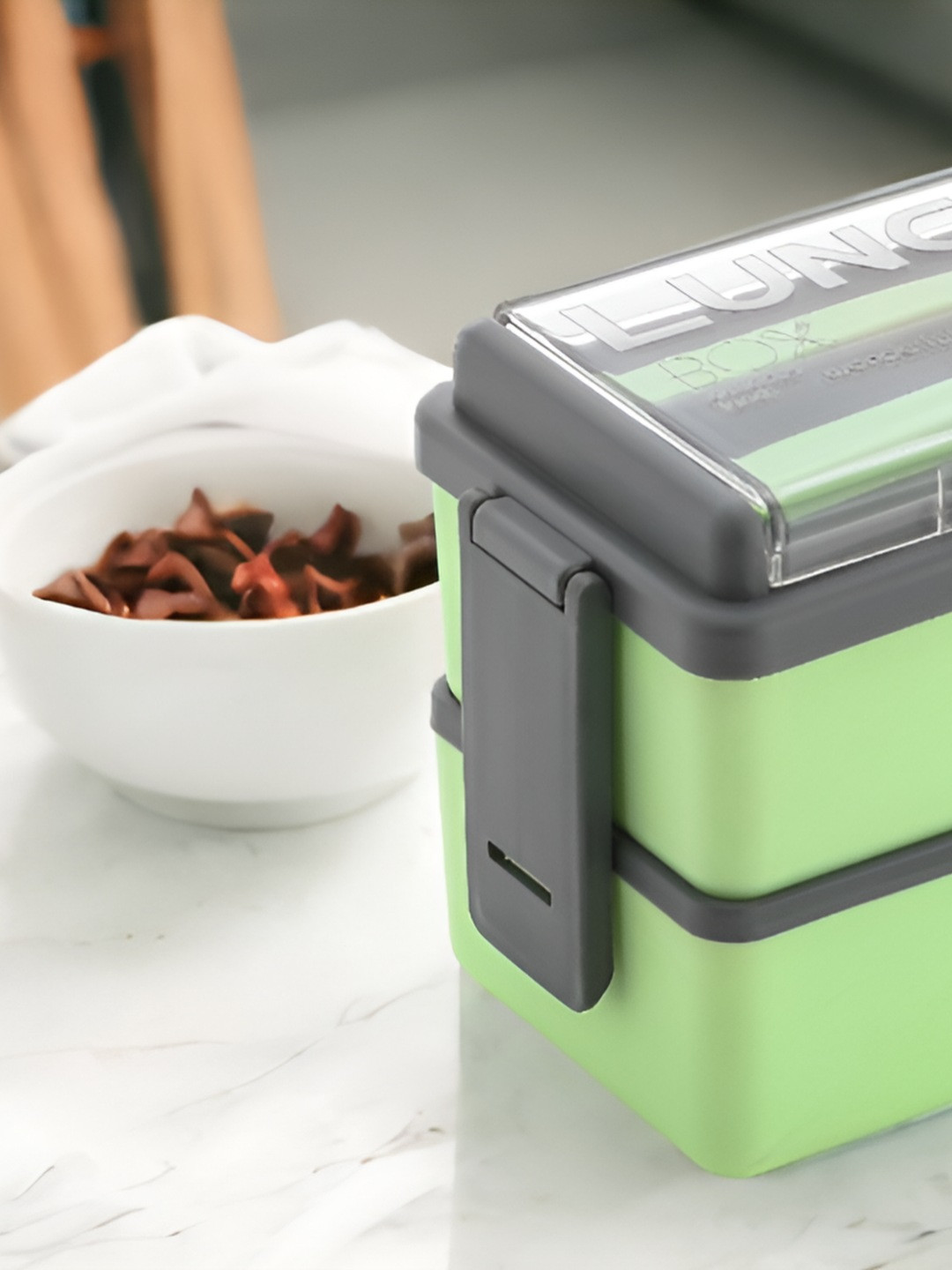 OMORTEX Green Solid Plastic Dishwasher Safe 2PCs Lunch Box With Spoon and Fork