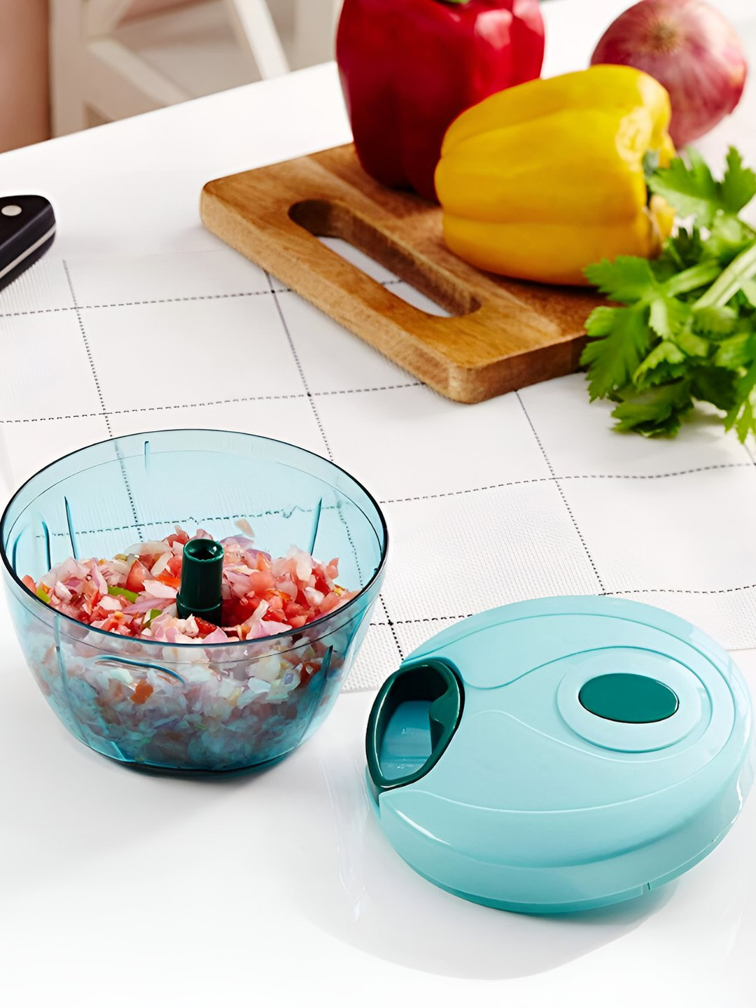 OMORTEX 4 Pcs Green & Red Vegetable Chopper with Stainless Steel Masher & Spatulas