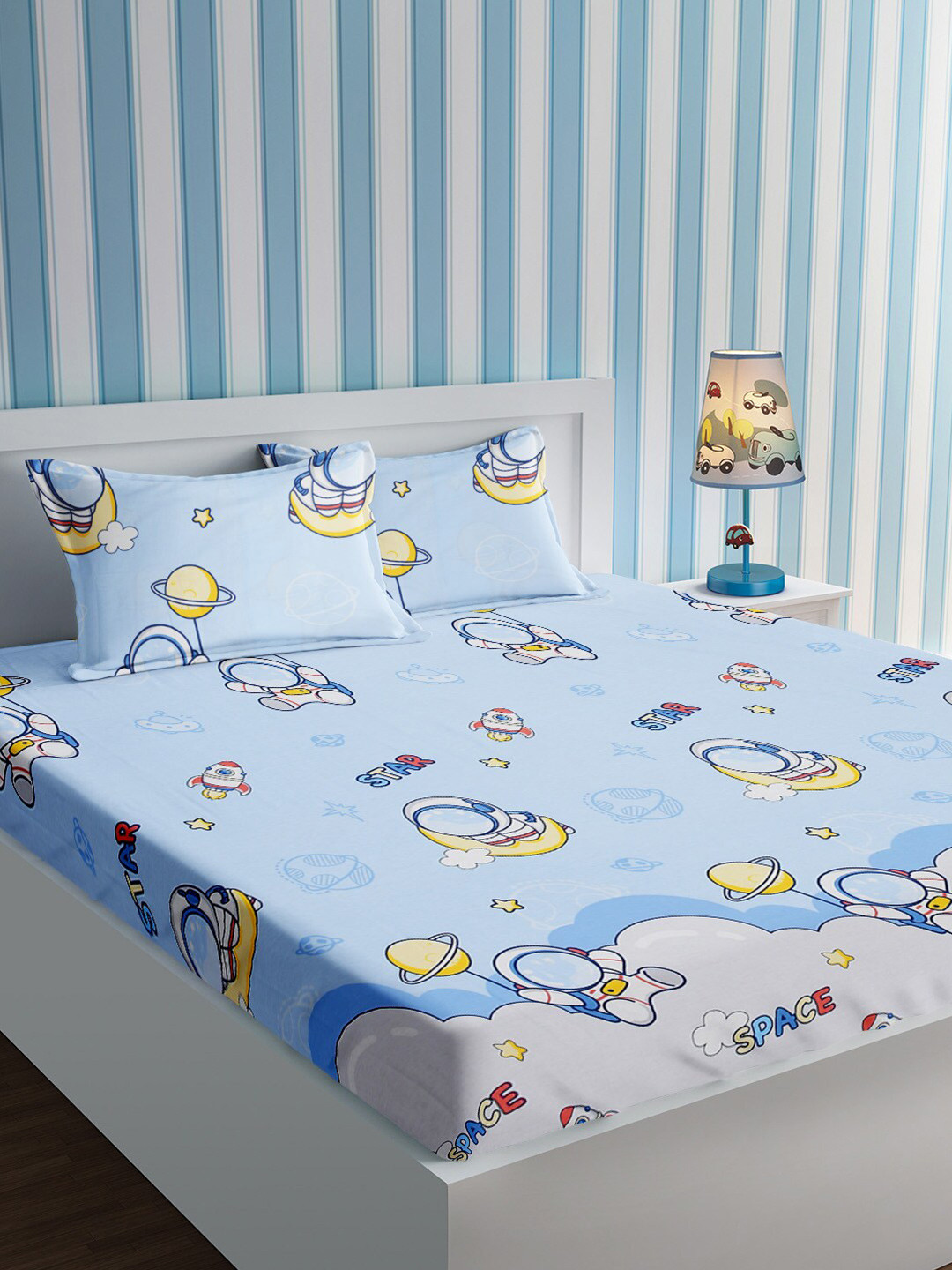 URBAN DREAM Blue & Yellow Conversational Cotton 210 TC Queen Bedsheet With 2 Pillow Covers