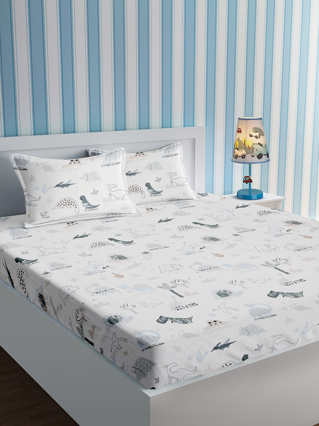 URBAN DREAM White Conversational Cotton 210 TC Queen Fine Bedsheet with 2 Pillow Covers-230 x 254cm
