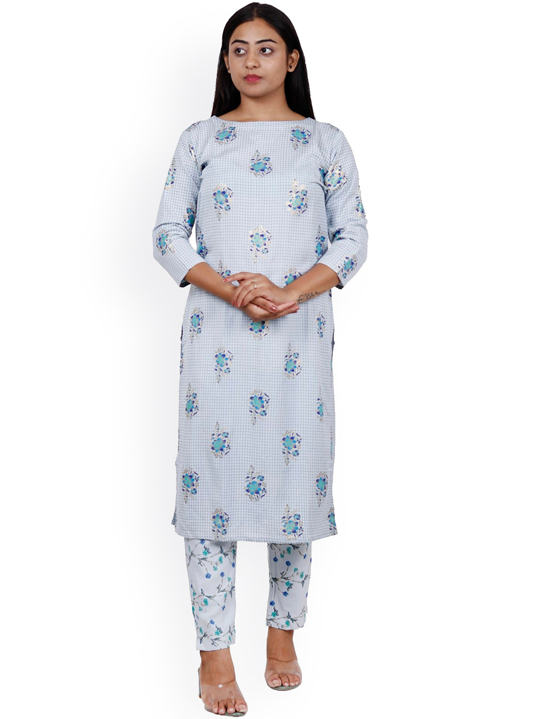 NAVGYA Floral Printed Linen Kurta With Trousers