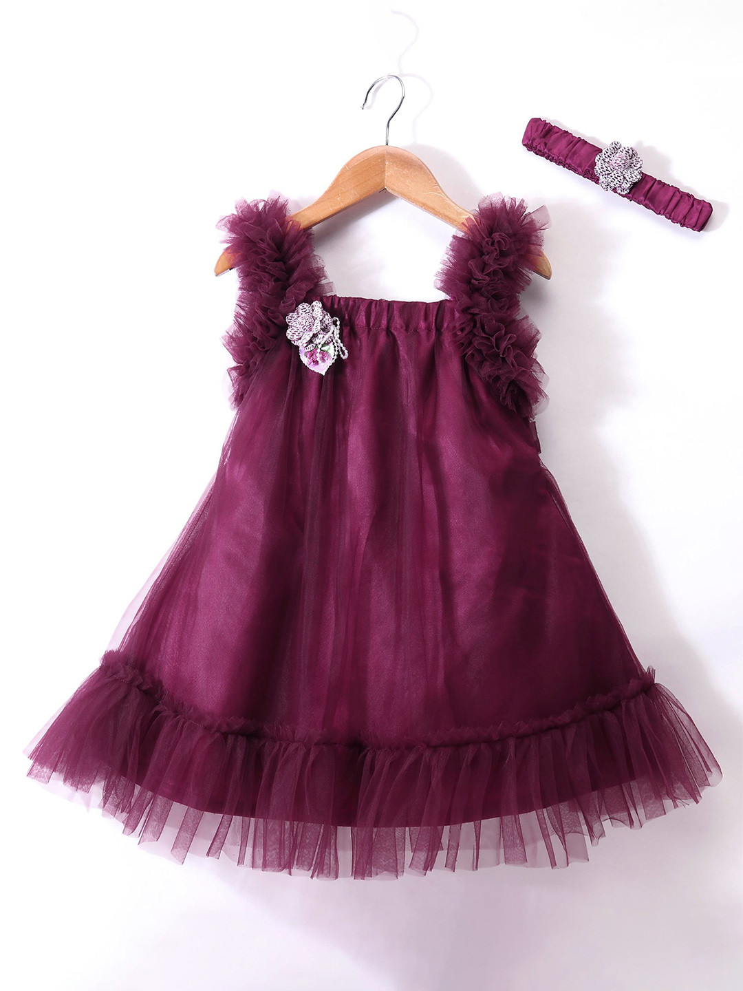 Enfance Girls Square Neck Net A-Line Dress With Headband