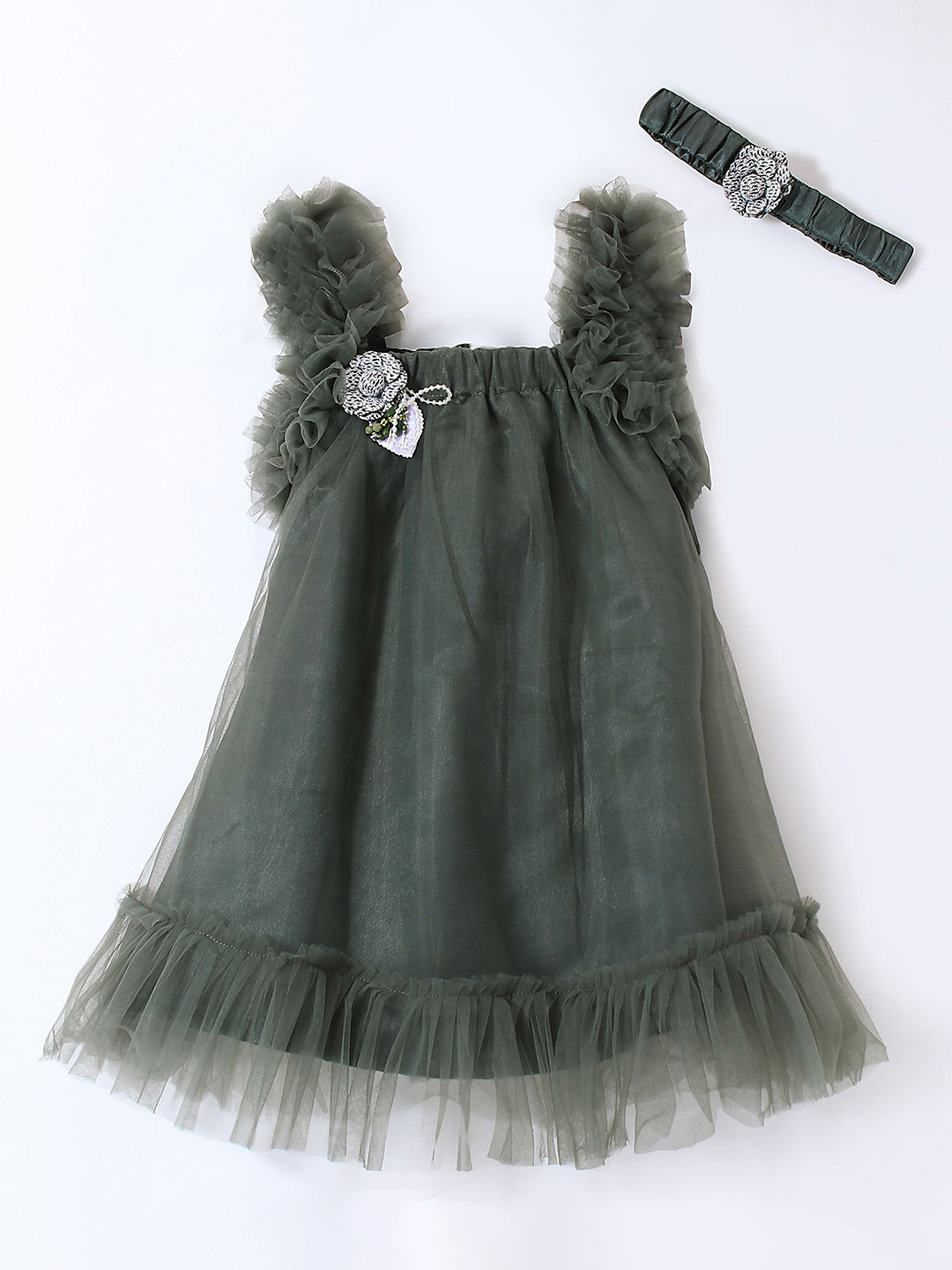 Enfance Girls Square Neck Net A-Line Dress With Headband