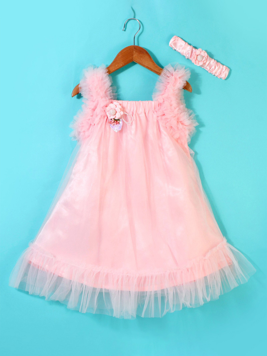 Enfance Girls Square Neck Net A-Line Dress With Headband