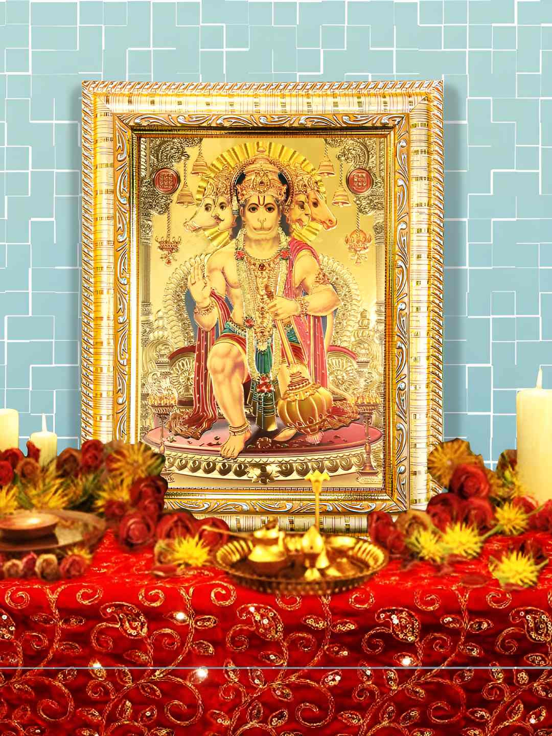 Hawai 24k Gold Plated Panchmukhi Hanuman Bajrangbali Wooden Wall Photo Frames