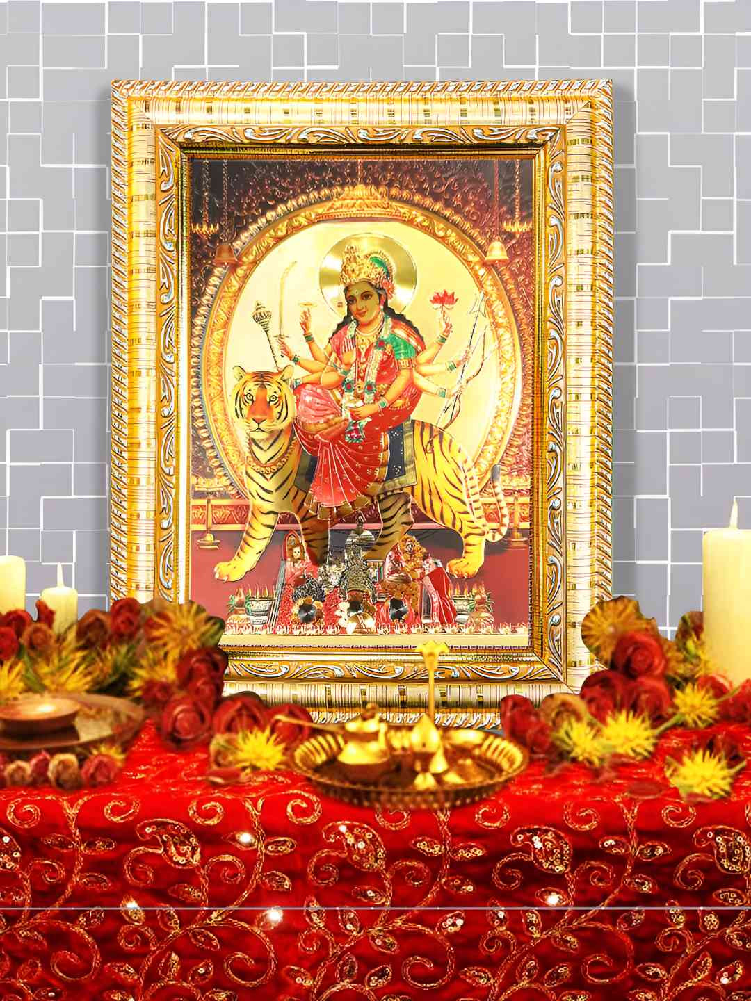 Hawai 24k Gold Plated Maa Sherawali  Rectangular Wooden Wall Photo Frame