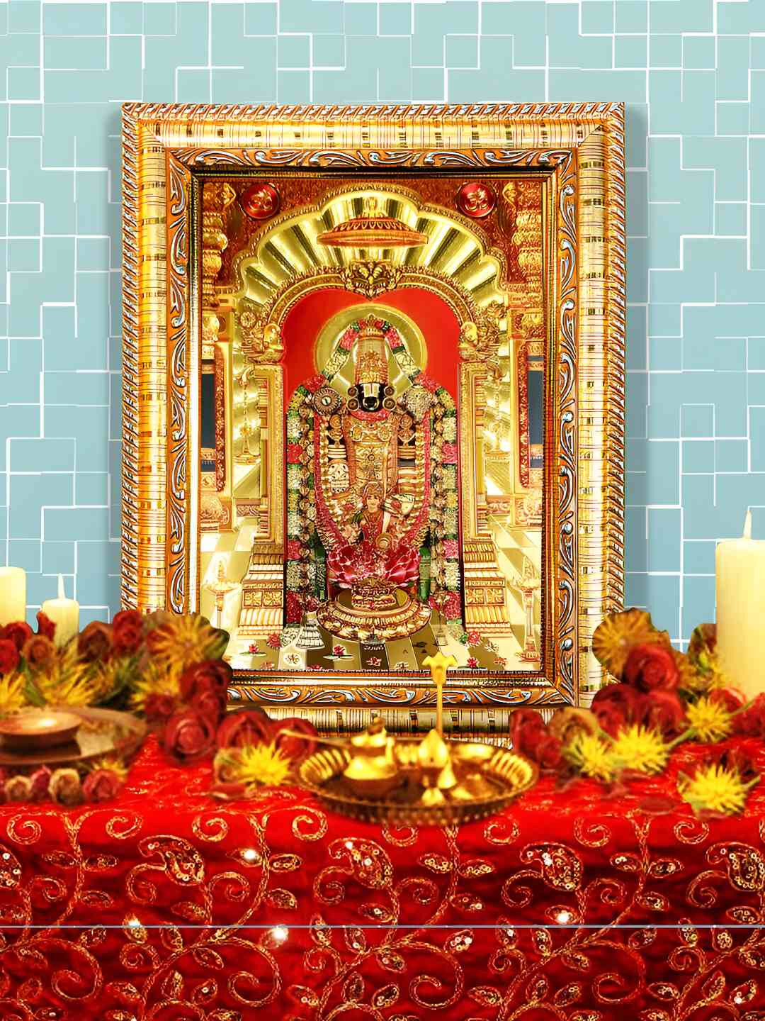 Hawai 24k Gold Plated Shree Tirupati Balaji Wooden Rectangular Wall Photo Frame