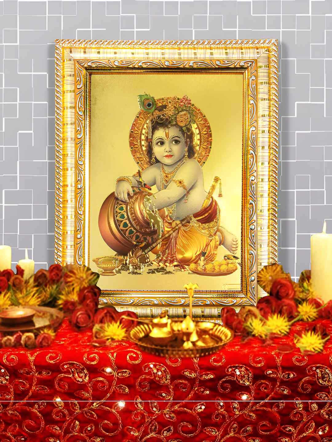 Hawai 24k Gold Plated Bal Gopal Wooden Rectangular Wall Photo Frame
