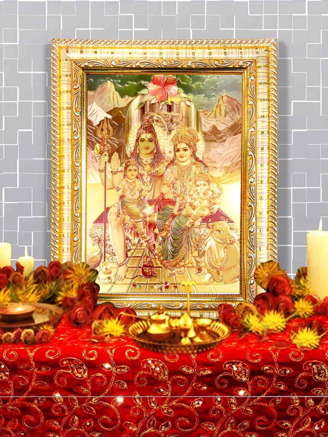 Hawai 24k Gold Plated Shiv Parivar Wooden Rectangular Wall Photo Frame