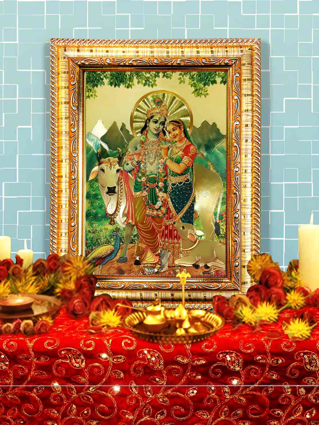 Hawai 24K Gold Plated Radha Krishna Wooden Rectangular Wall Photo With Frame