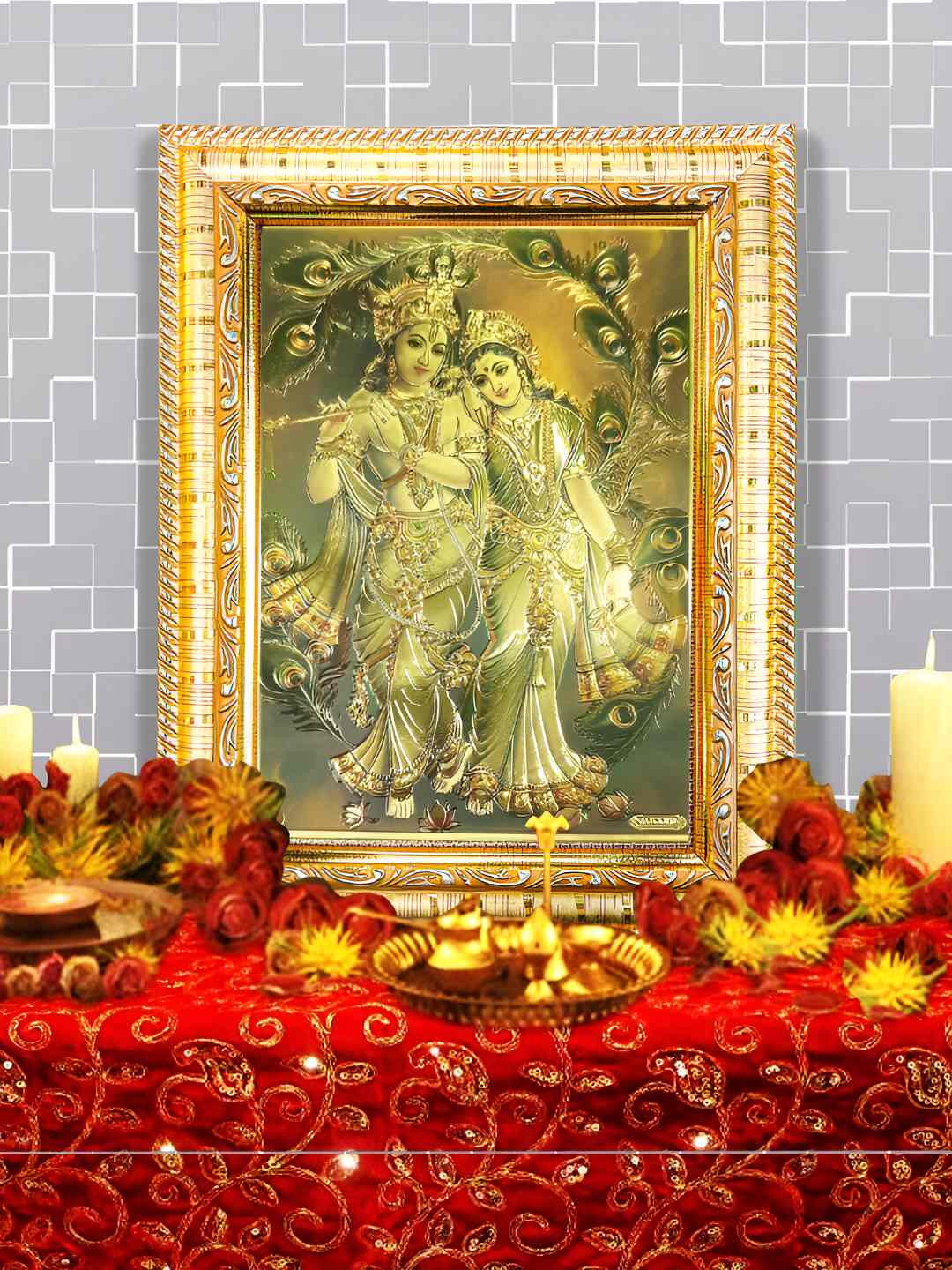 Hawai Green 24K Gold Plated Radha Krishna Wooden Rectangular Wall Photo With Frame