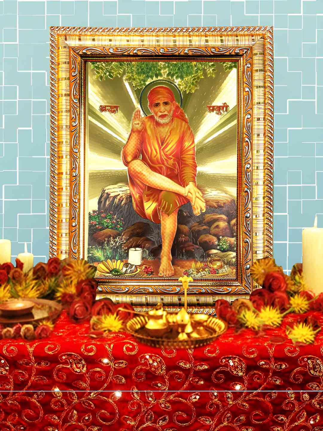 Hawai 24K Gold Plated Sai Baba Wooden Rectangular Wall Photo With Frame