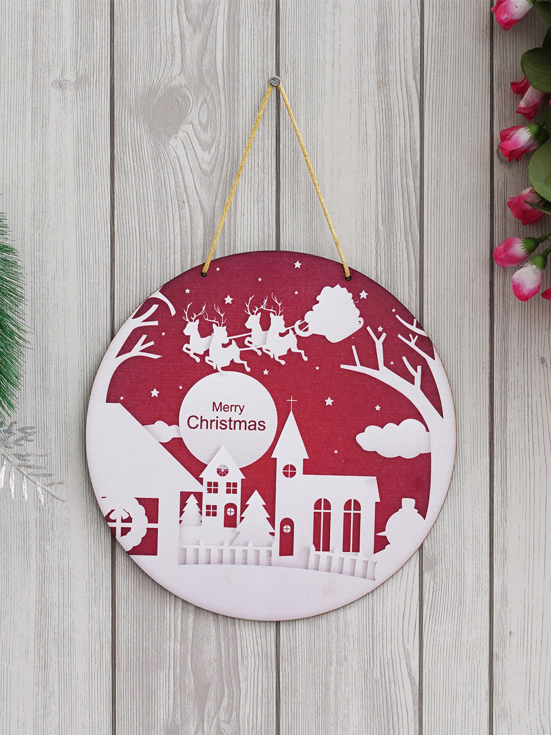 eCraftIndia Red & White Printed Wooden Wall Hanging