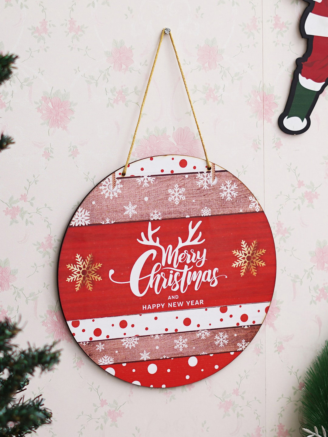 eCraftIndia Red & White Printed Wooden Hanging Wall Decor