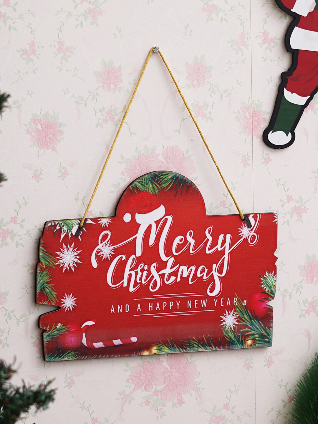 eCraftIndia Red & White Printed Wooden Hanging Wall Decor