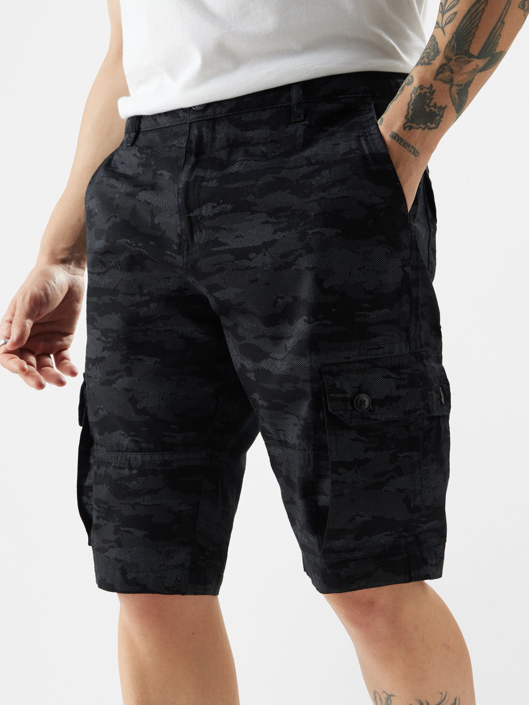 The Souled Store Men Regular Fit Printed Black Cargo Cotton Shorts