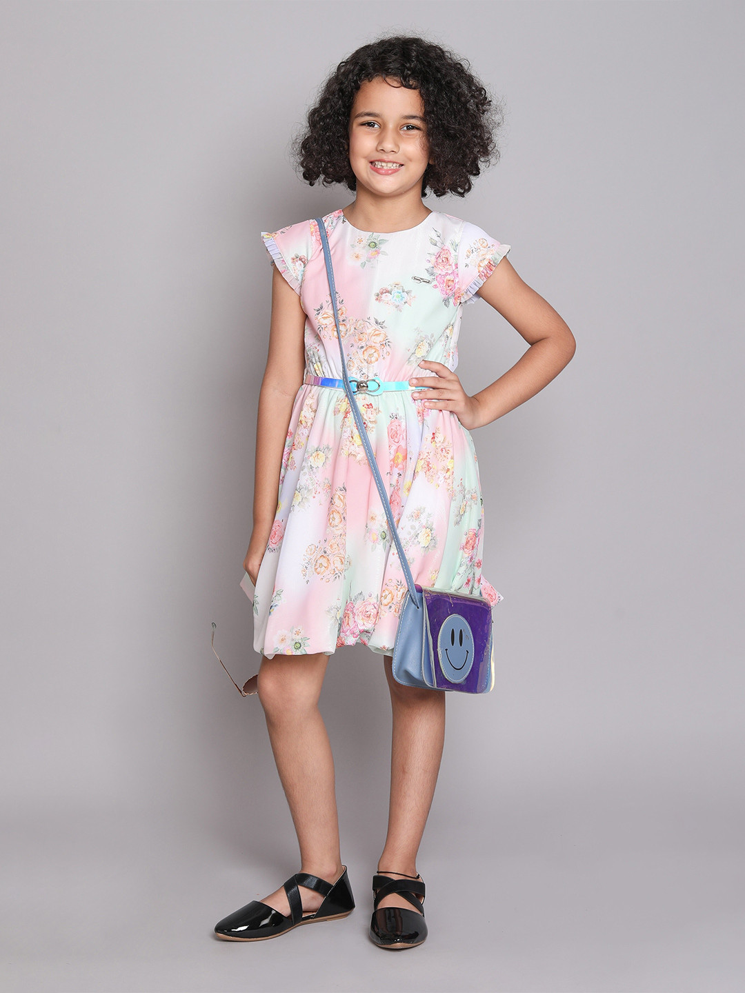 The Magic Wand Girls Floral Printed Cap Sleeves Fit & Flare Dress With Belted