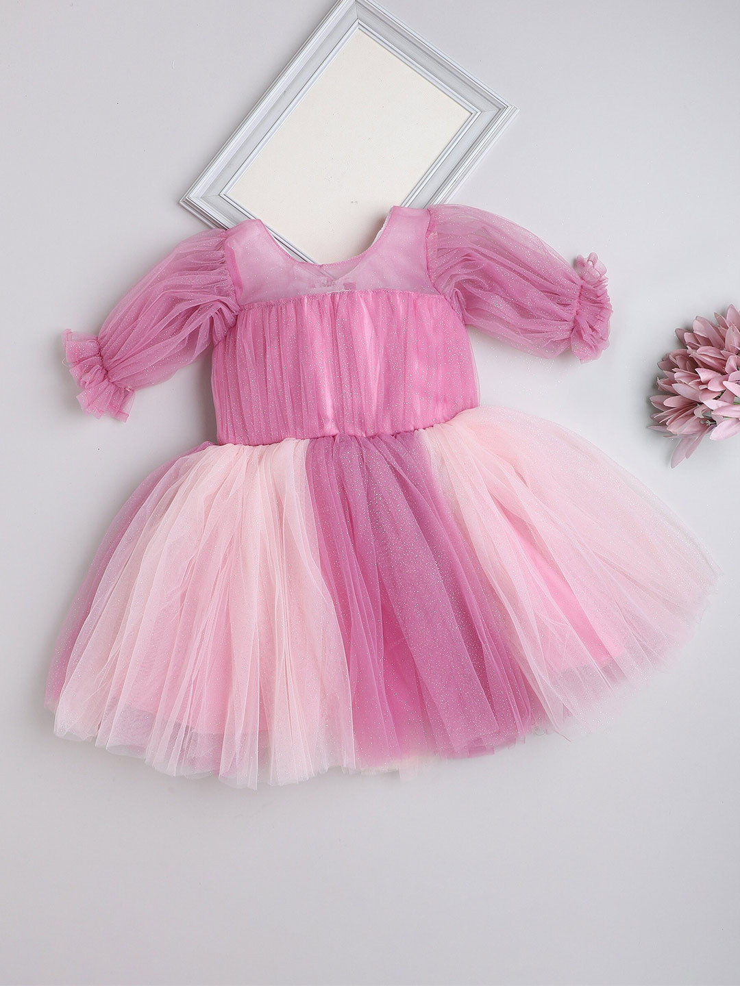The Magic Wand Girls Embellished Puff Sleeves Ruffled Fit & Flare Party Dress