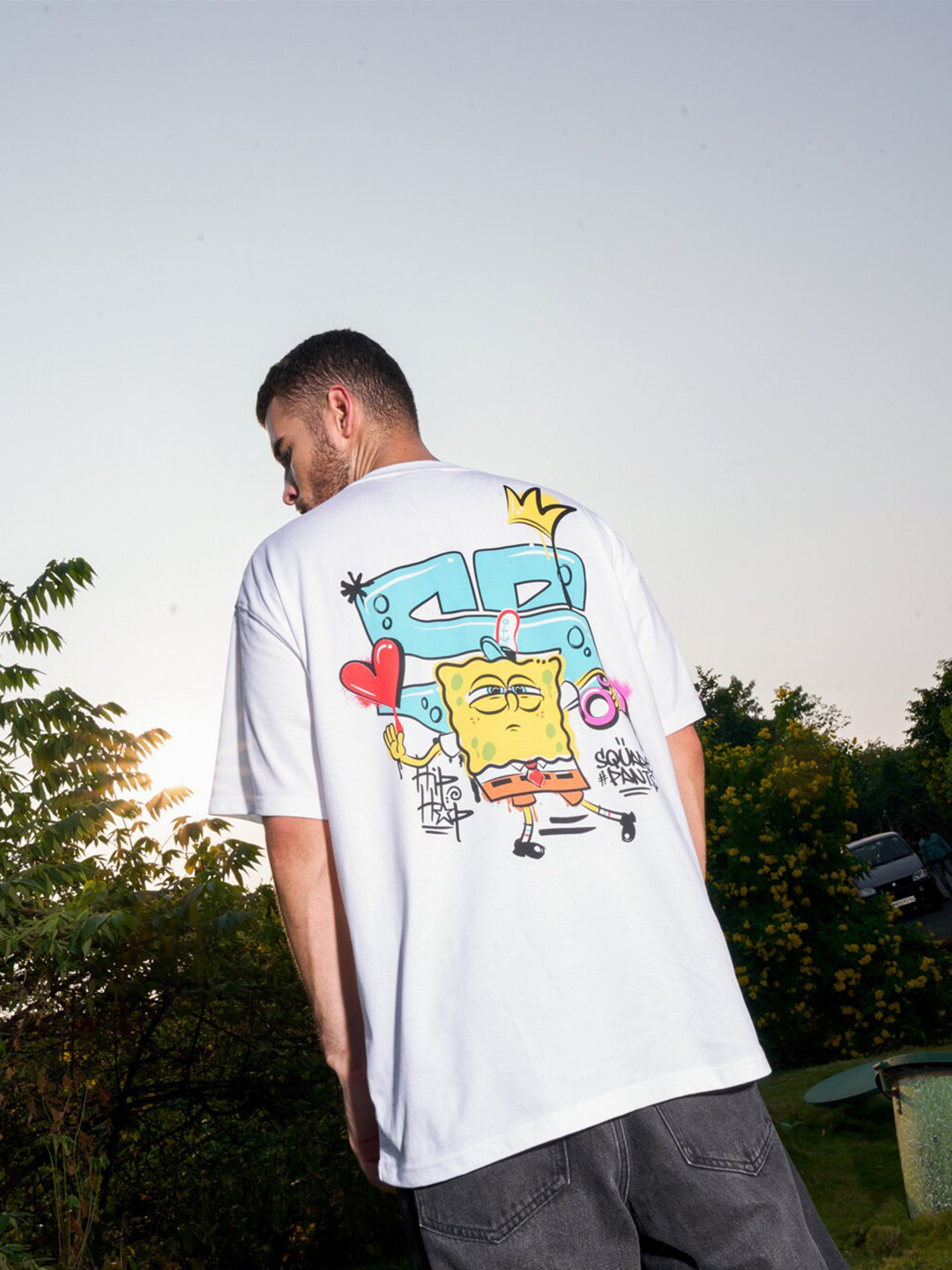 Bonkers Corner White Spongebob Printed Pure Cotton Oversized T-shirt