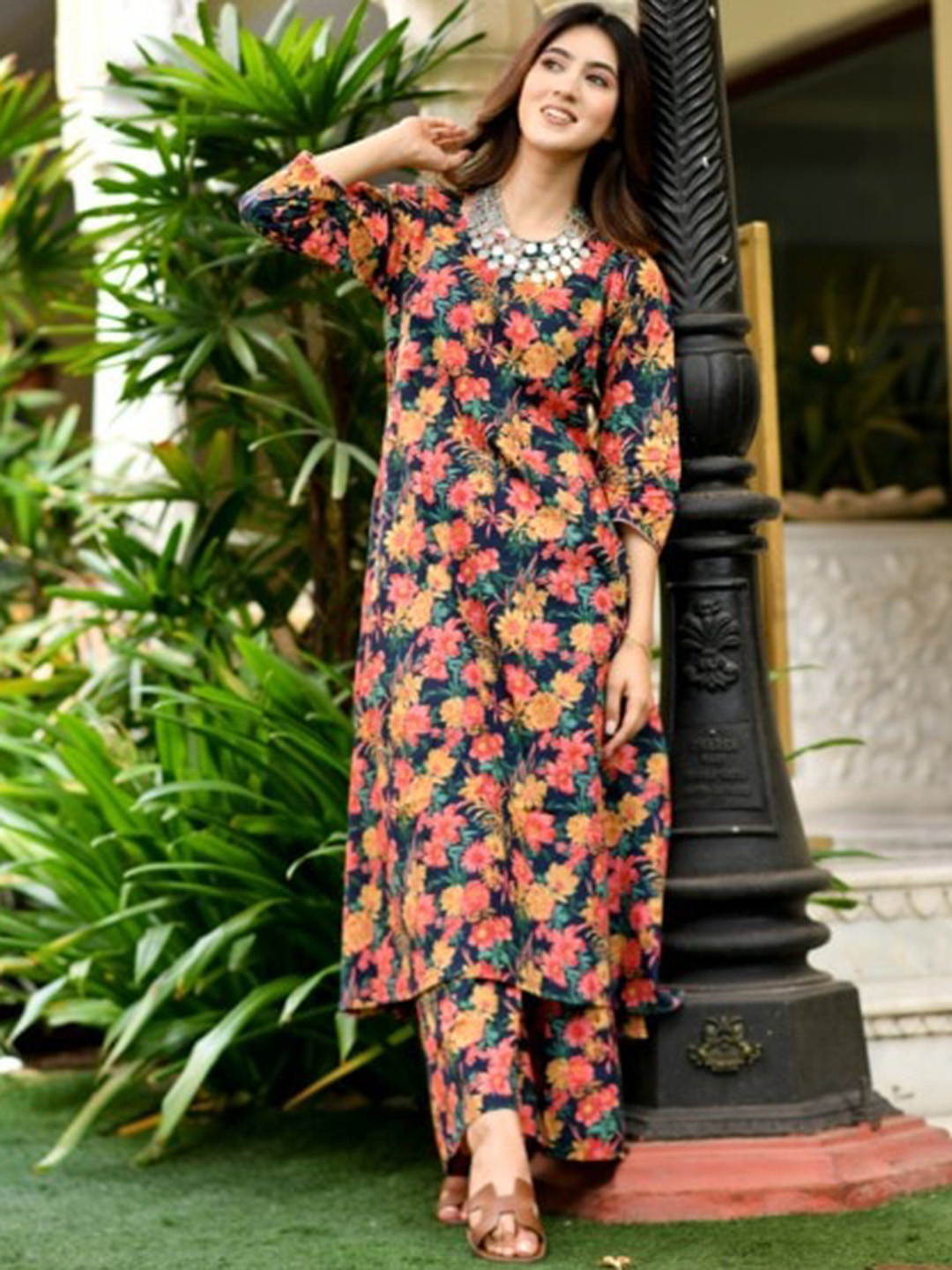 DIMPLE DESIGN STUDIO Floral Printed A-Line Pure Cotton Kurta With Palazzos