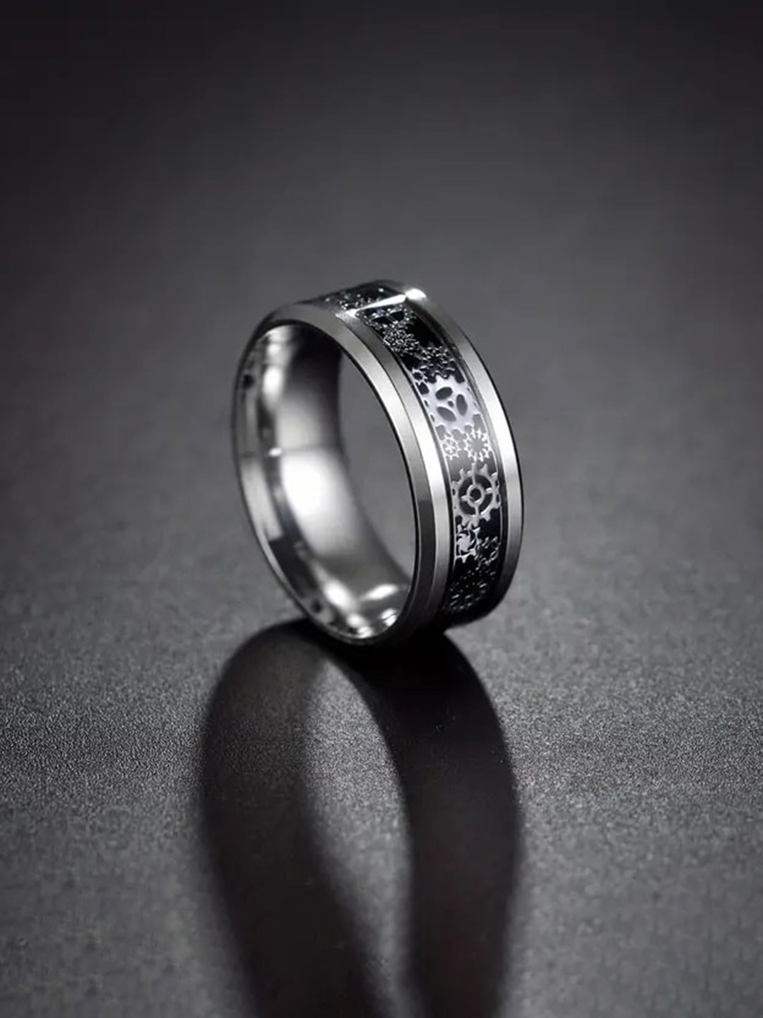 VIEN Men Silver-Plated Stainless Steel Mechanical Gear Wheel Finger Ring