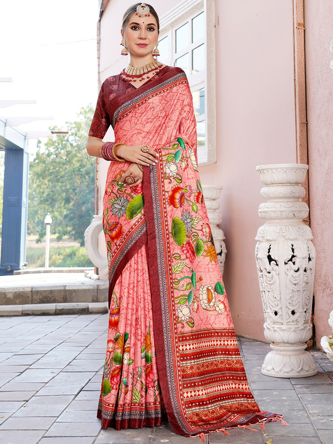 Anouk Rustic Coral Pink Floral Printed Saree