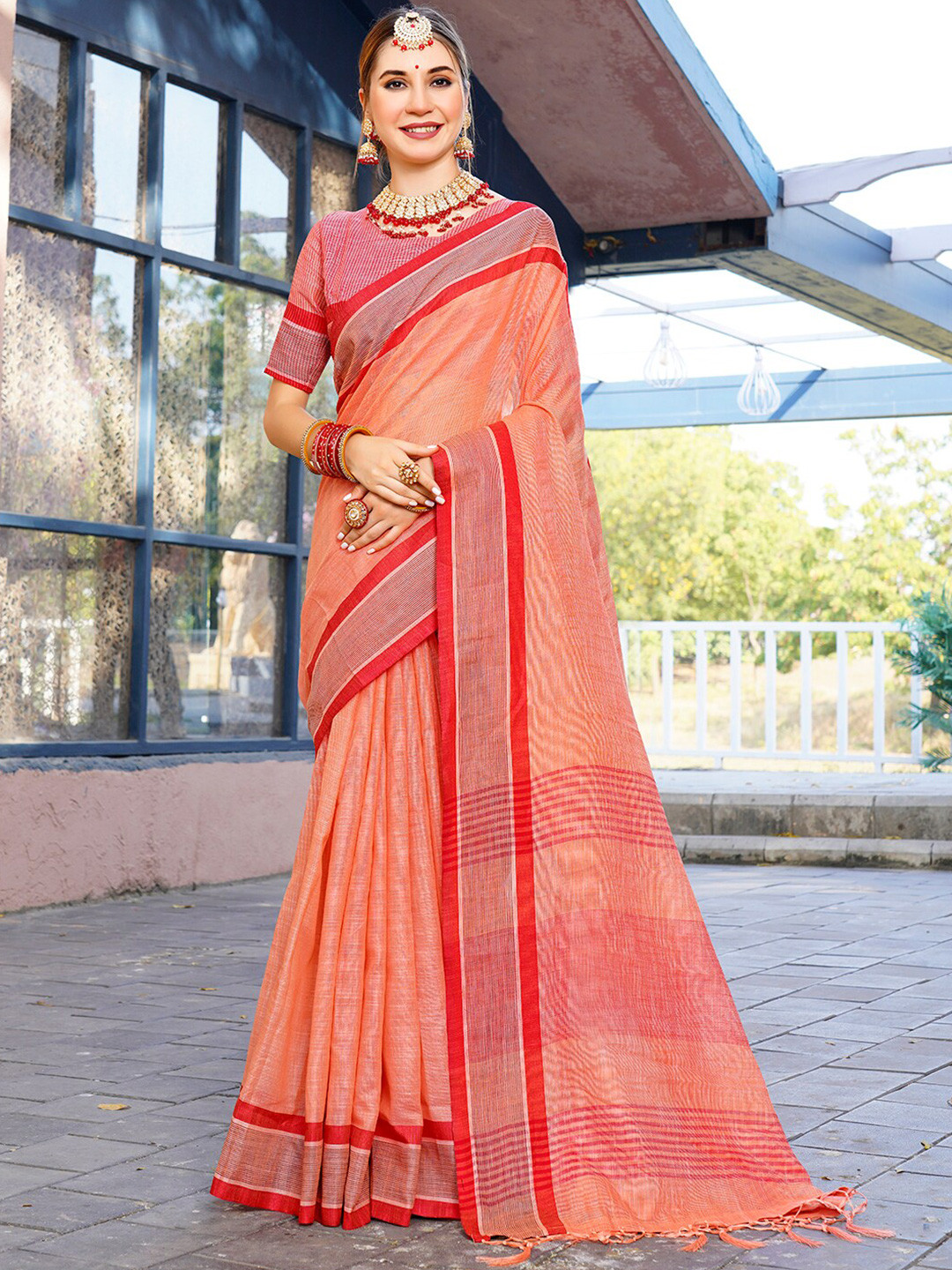 Anouk Orange Solid Linen Weaving Saree
