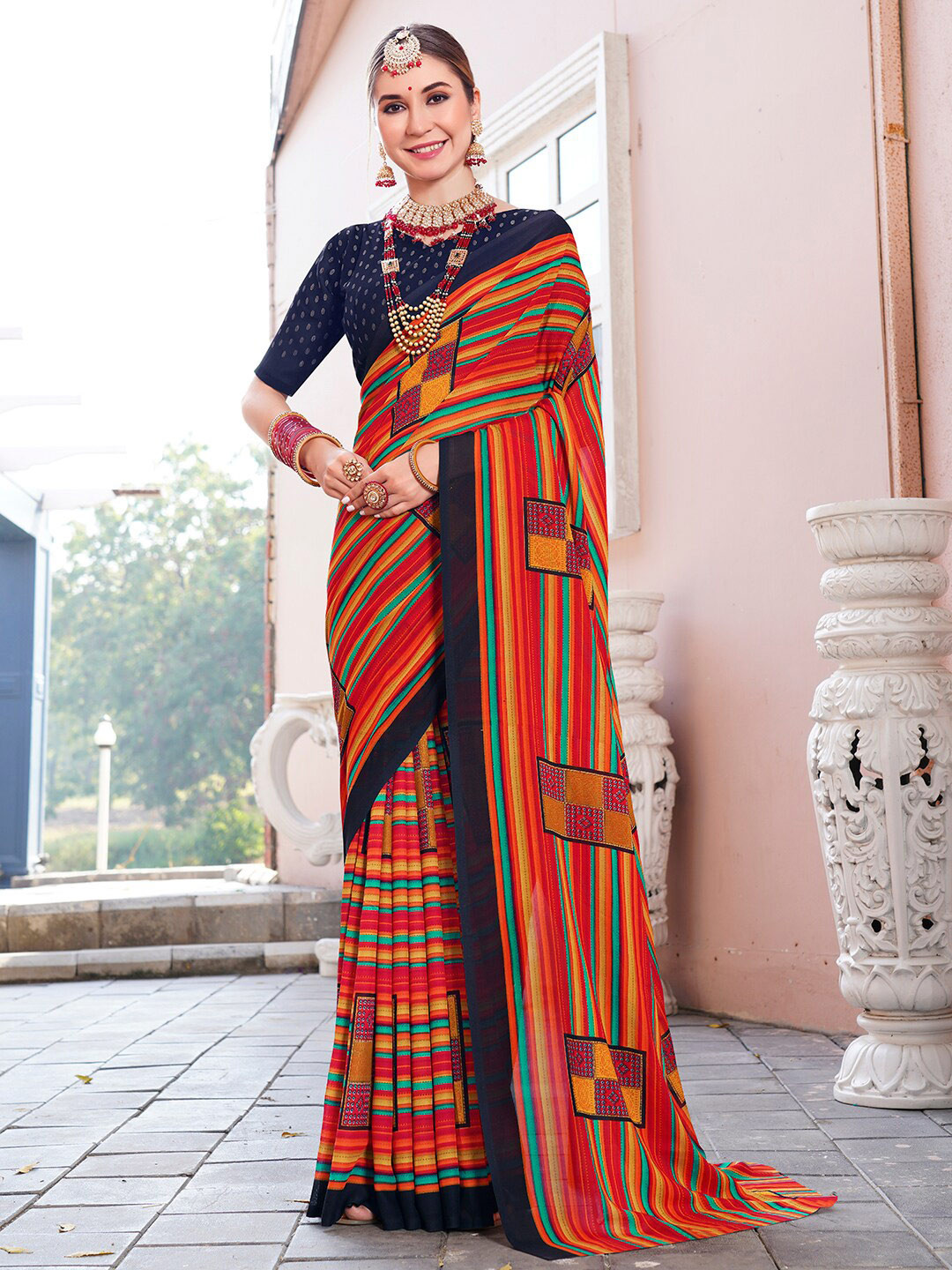 Anouk Rustic Orange Geometric Printed Saree