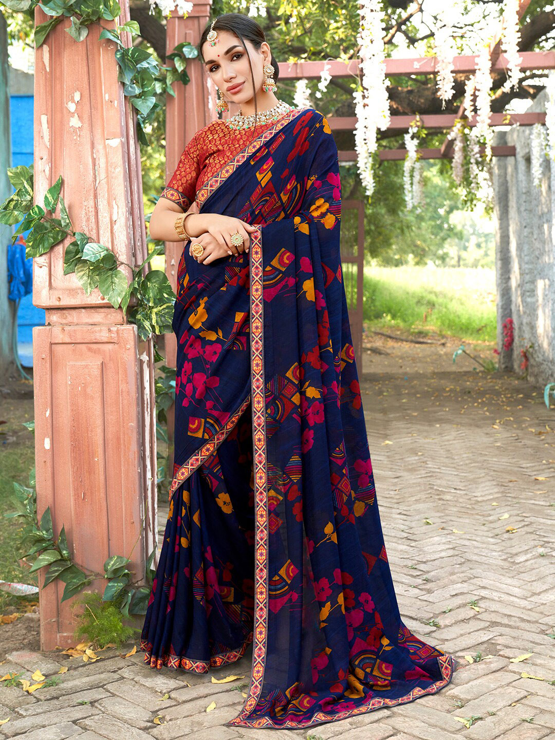 Anouk Rustic Navy Floral Printed Saree