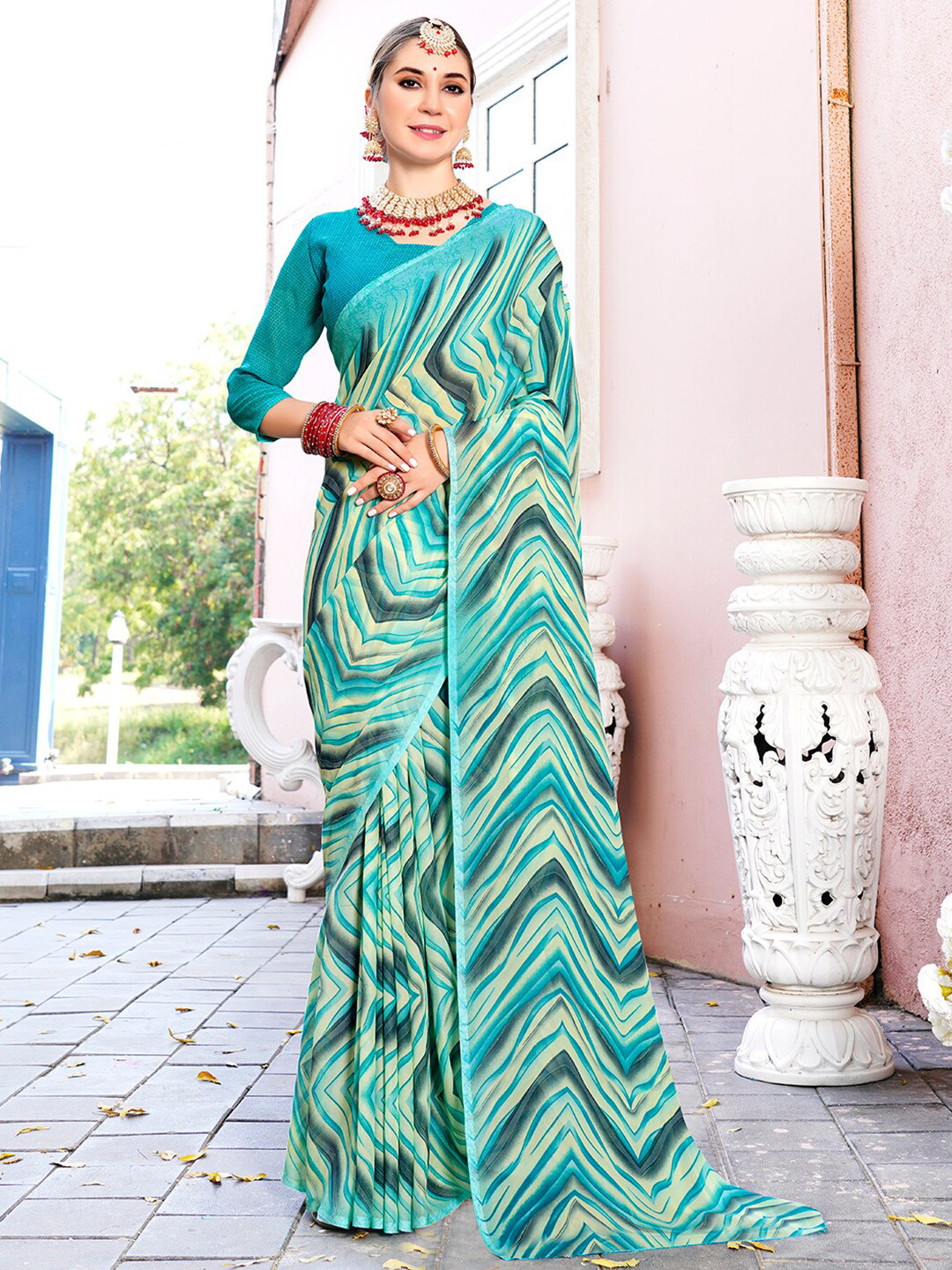 Anouk Rustic Turquoise Blue Abstract Printed Saree