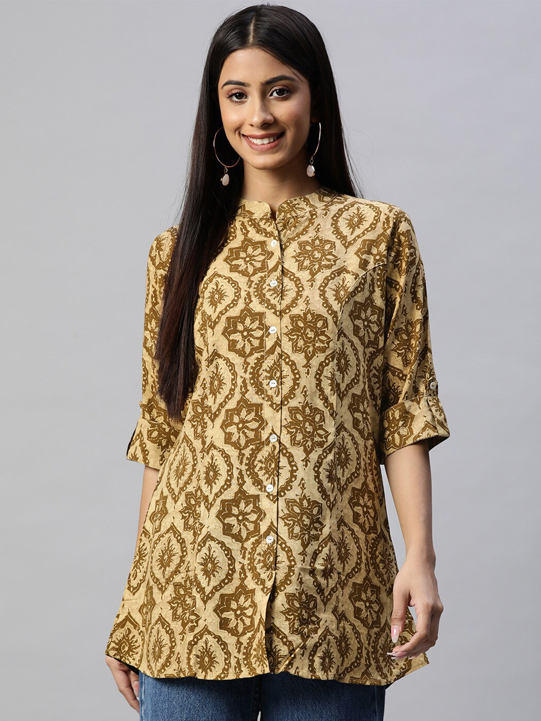 KALINI Floral Printed Mandarin Collar Roll Up Sleeves Shirt Style Top