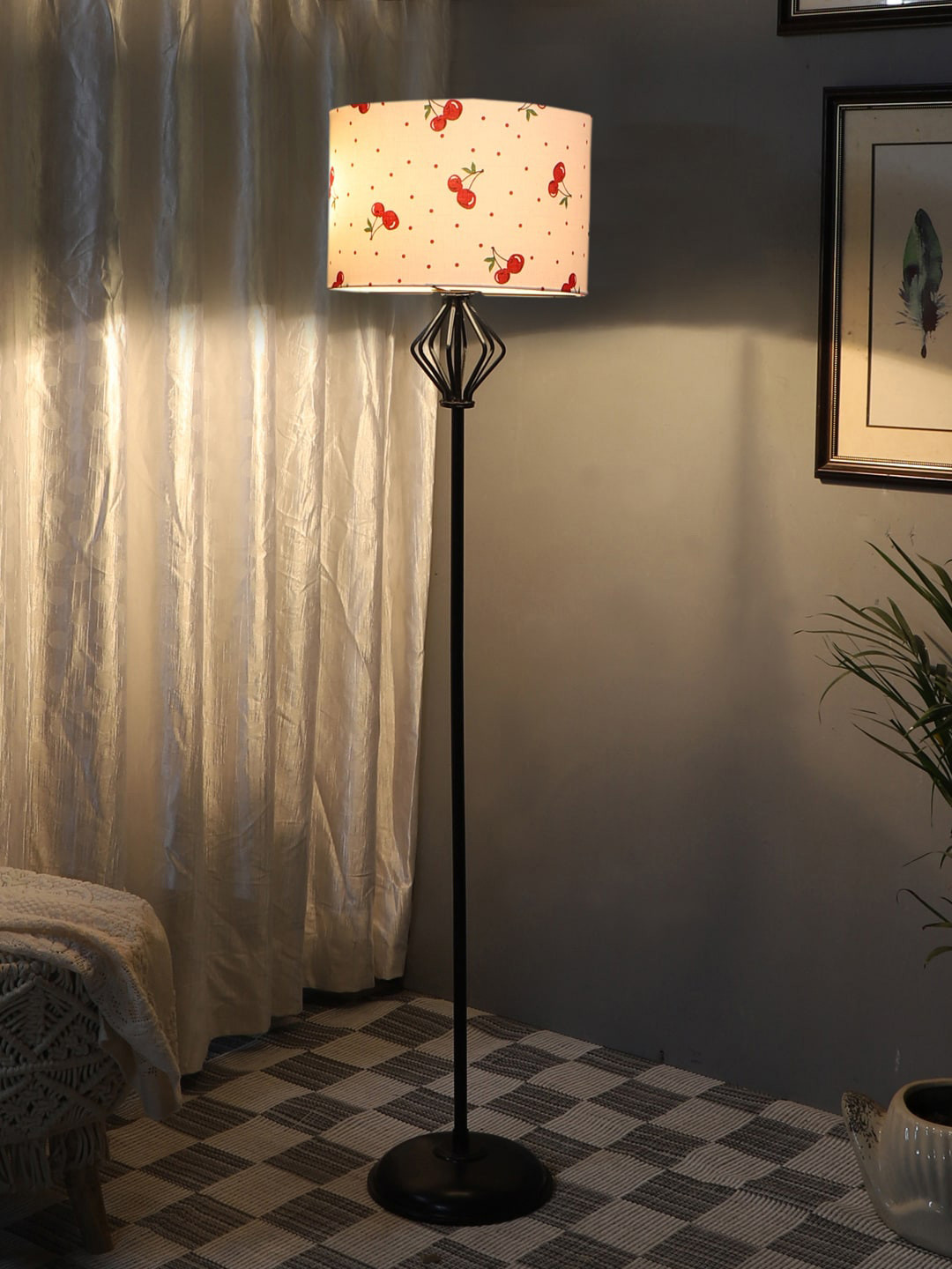 Devansh White & Black Printed Cylinder Shaped Cotton Shade with Iron Floor Lamp