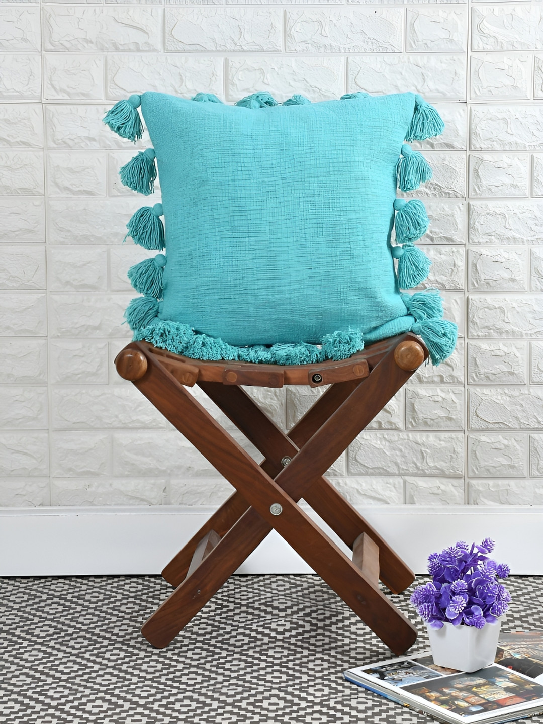 HOMADORN Boho Turquoise Blue Cotton Square Cushion Cover With Tassels