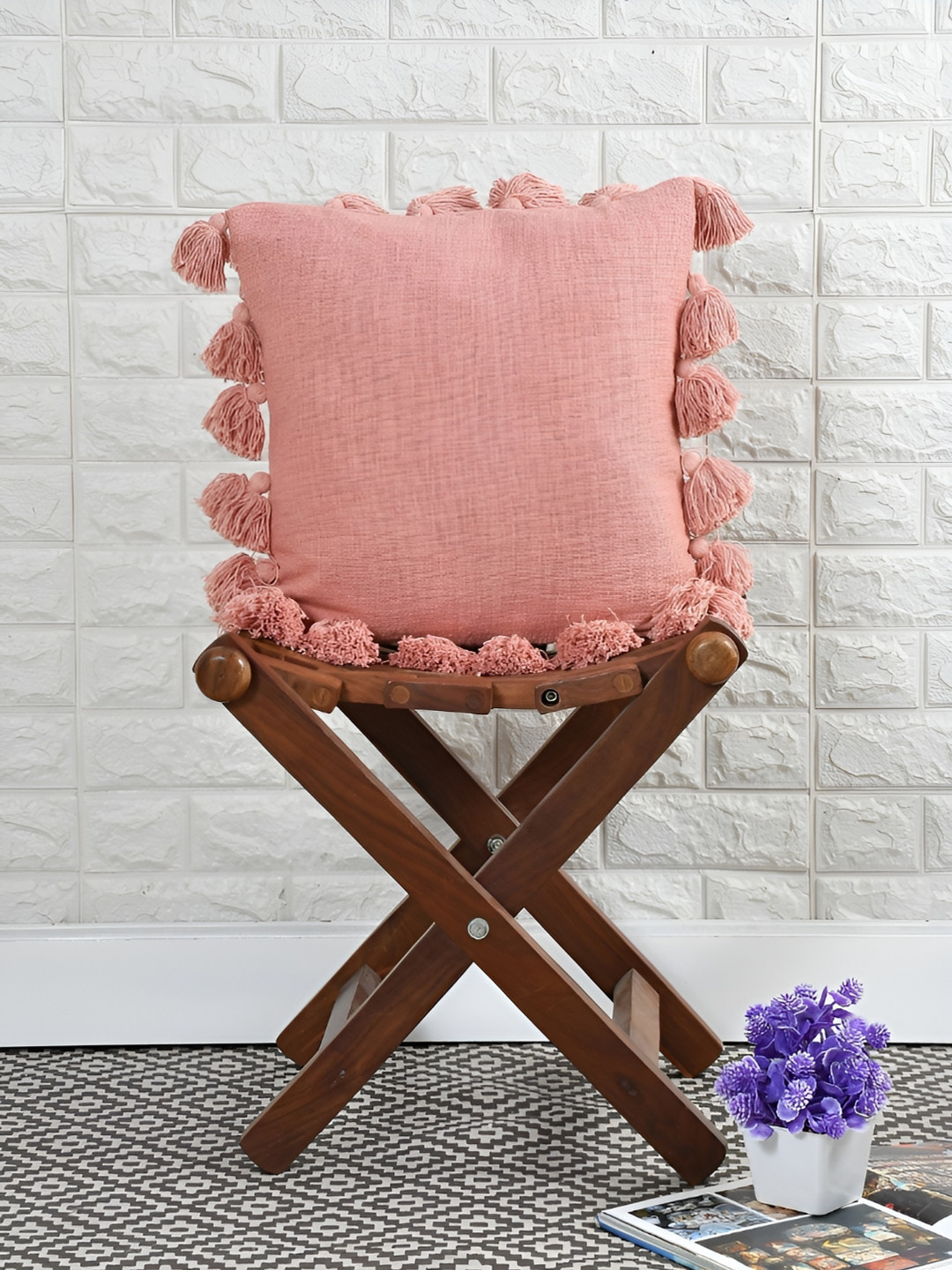 HOMADORN Peach Coloured Cotton Square Cushion Cover with Tassels