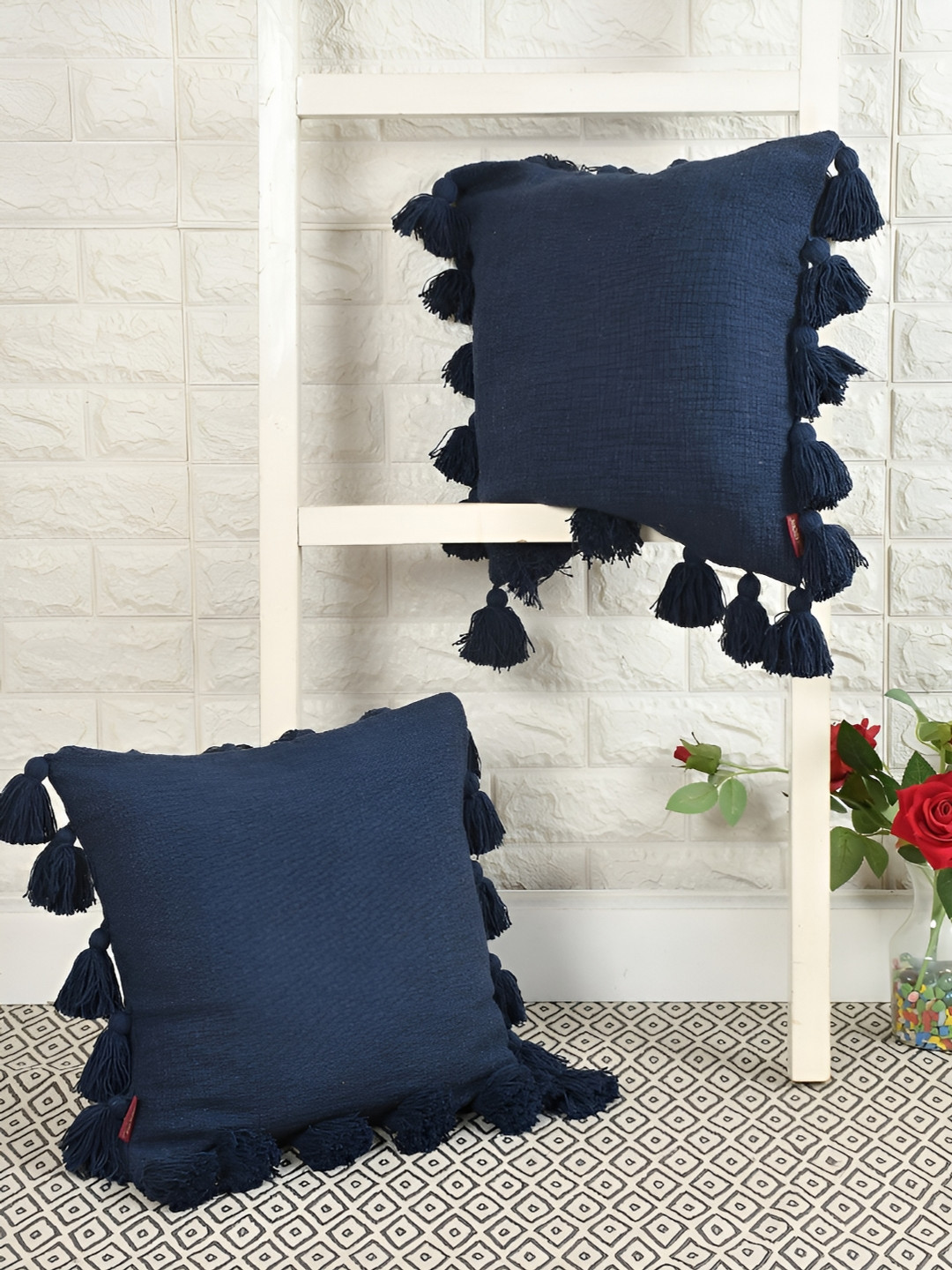 HOMADORN Handcrafted Navy Blue Cotton Color Fastness 2 Pcs Square Cushion Covers -16x16In