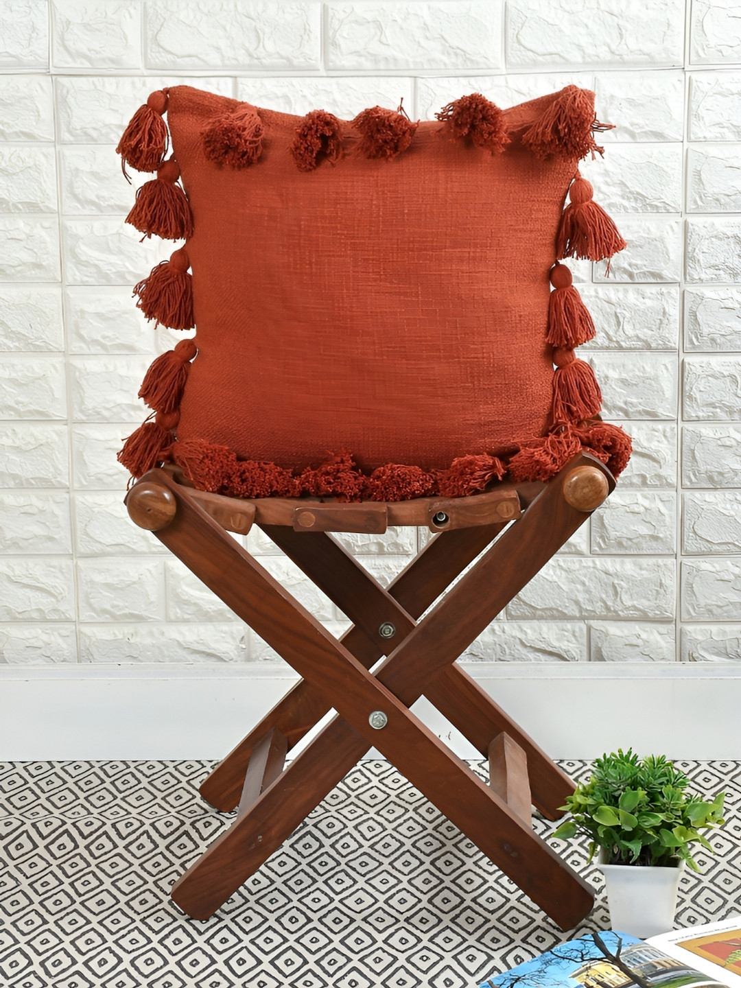 HOMADORN Handmade Rust Cotton Breathable Textured Square Cushion Cover -16x16In