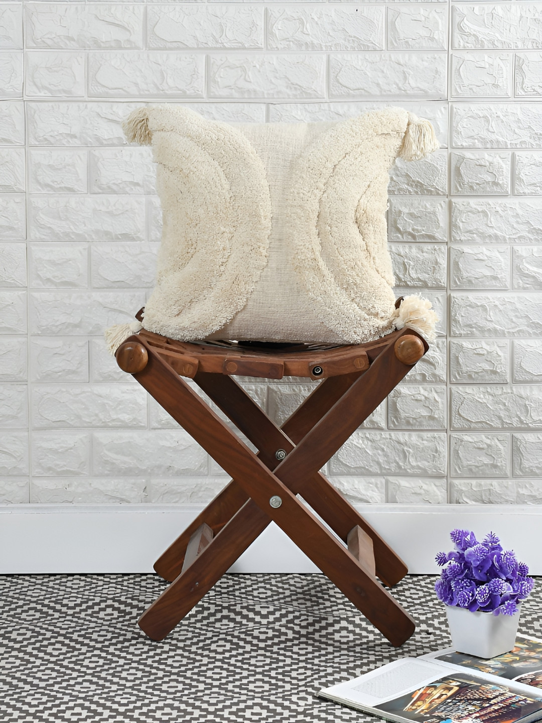 HOMADORN Off White Boho Self Design Cotton Square Cushion Cover
