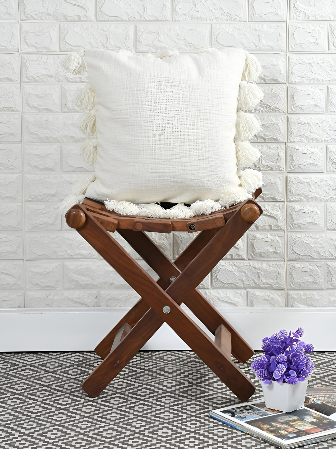 HOMADORN Boho White Cotton Breathable Square Cushion Cover -16x16In