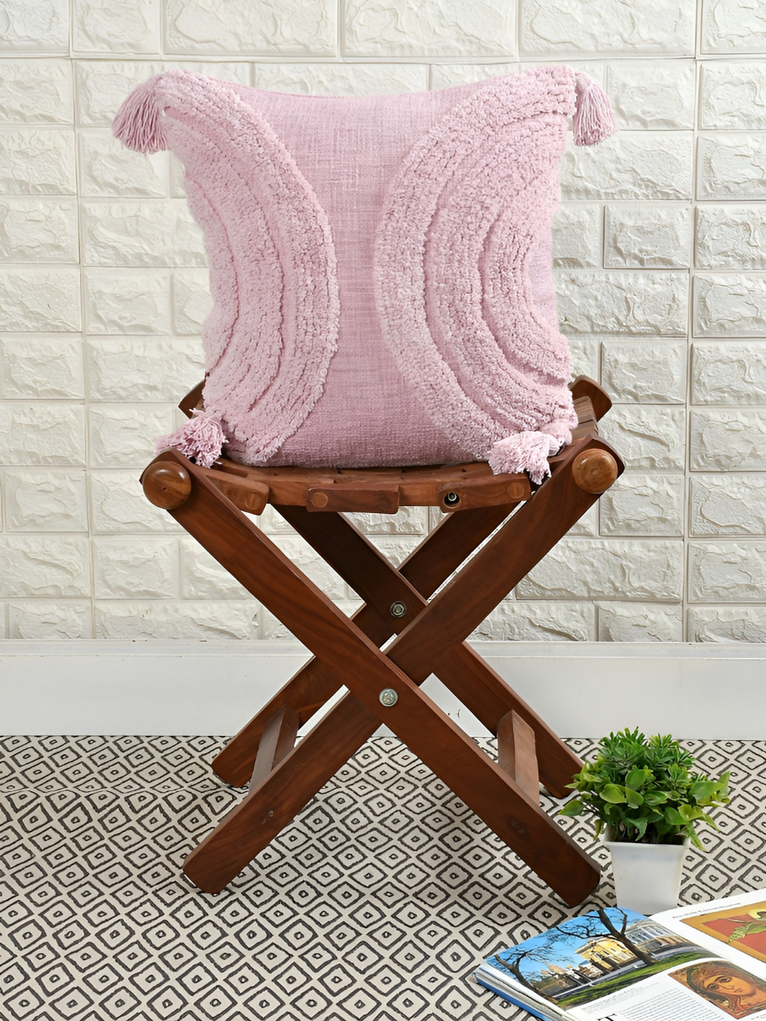 HOMADORN Lavender Self Design Cotton Breathable Embroidered Square Cushion Cover -16x16In