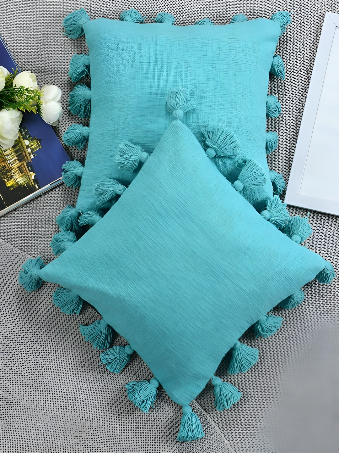 HOMADORN Turquoise Blue 2 Pieces Cotton Square Cushion Covers With Tassels